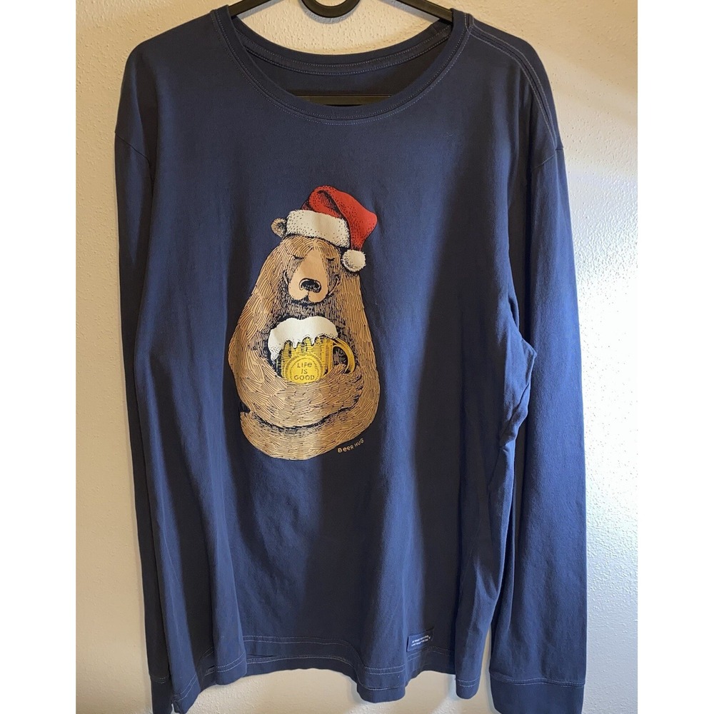 Life Is Good Men's M Long Sleeve shirt Christmas Beer Hug Bear Blue Logo Comfort